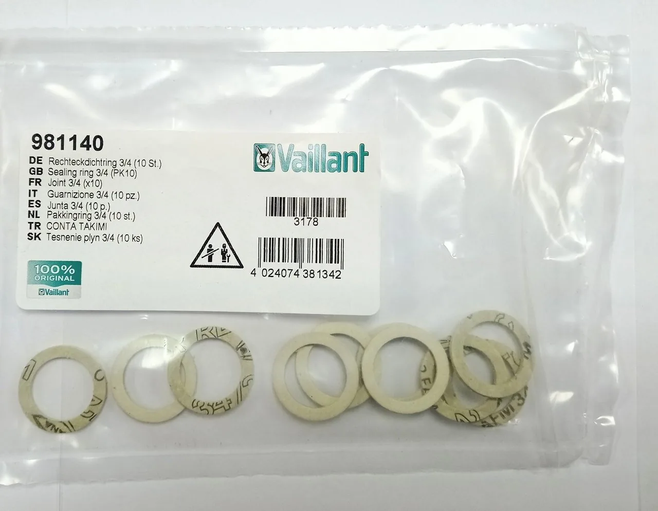 Уплотнительное кольцо 3/4″ (17 x 24 x 2 мм) 10шт. Vaillant 981140