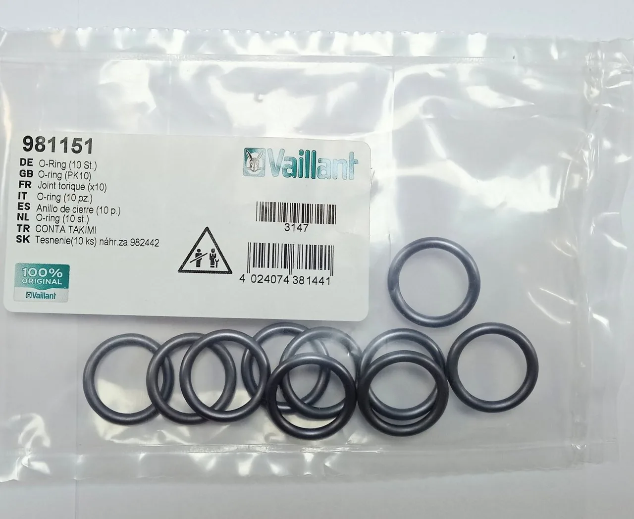 Уплотнительное кольцо (19 x 3,15 мм) 10шт. основного теплообменника Vaillant 981151